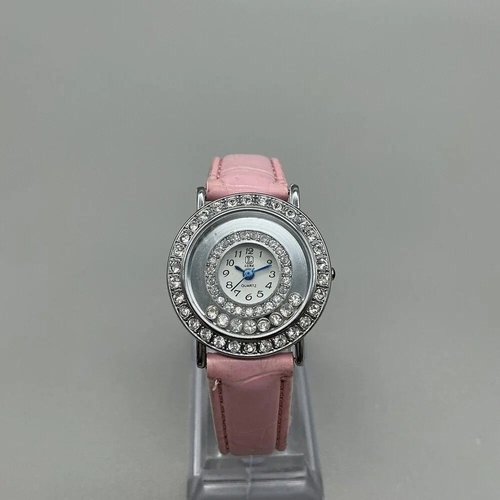 Lure Women Watch 30mm Silver TonePink Leather Floating Crystal Bezel New Battery